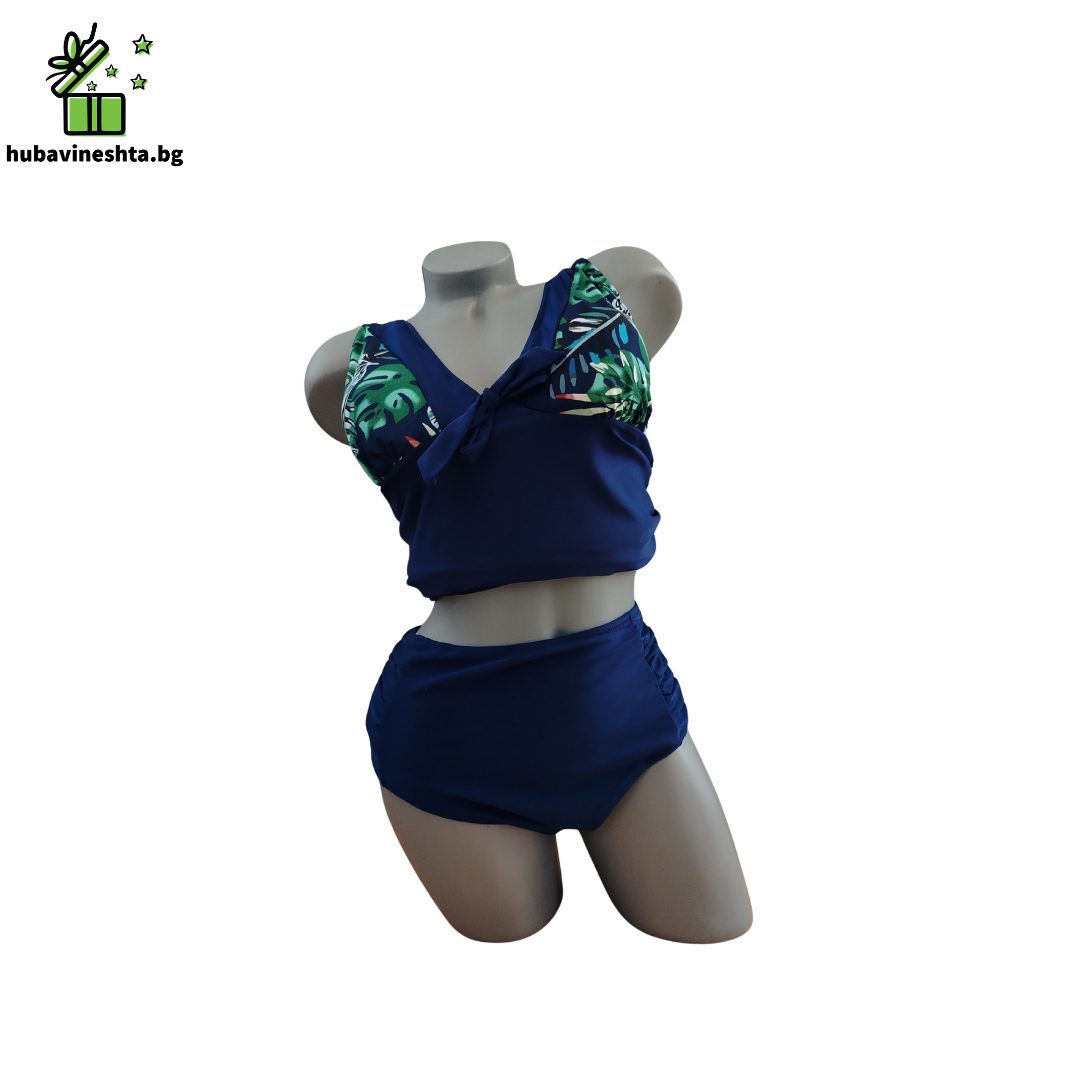 banski tankini maxi razmer sin sus zeleni lista 2 Танкини 56–64 със свободна кройка за корем и ханш – тъмносиньо Танкини макси размер тъмносиньо с тропически листа - опред-2