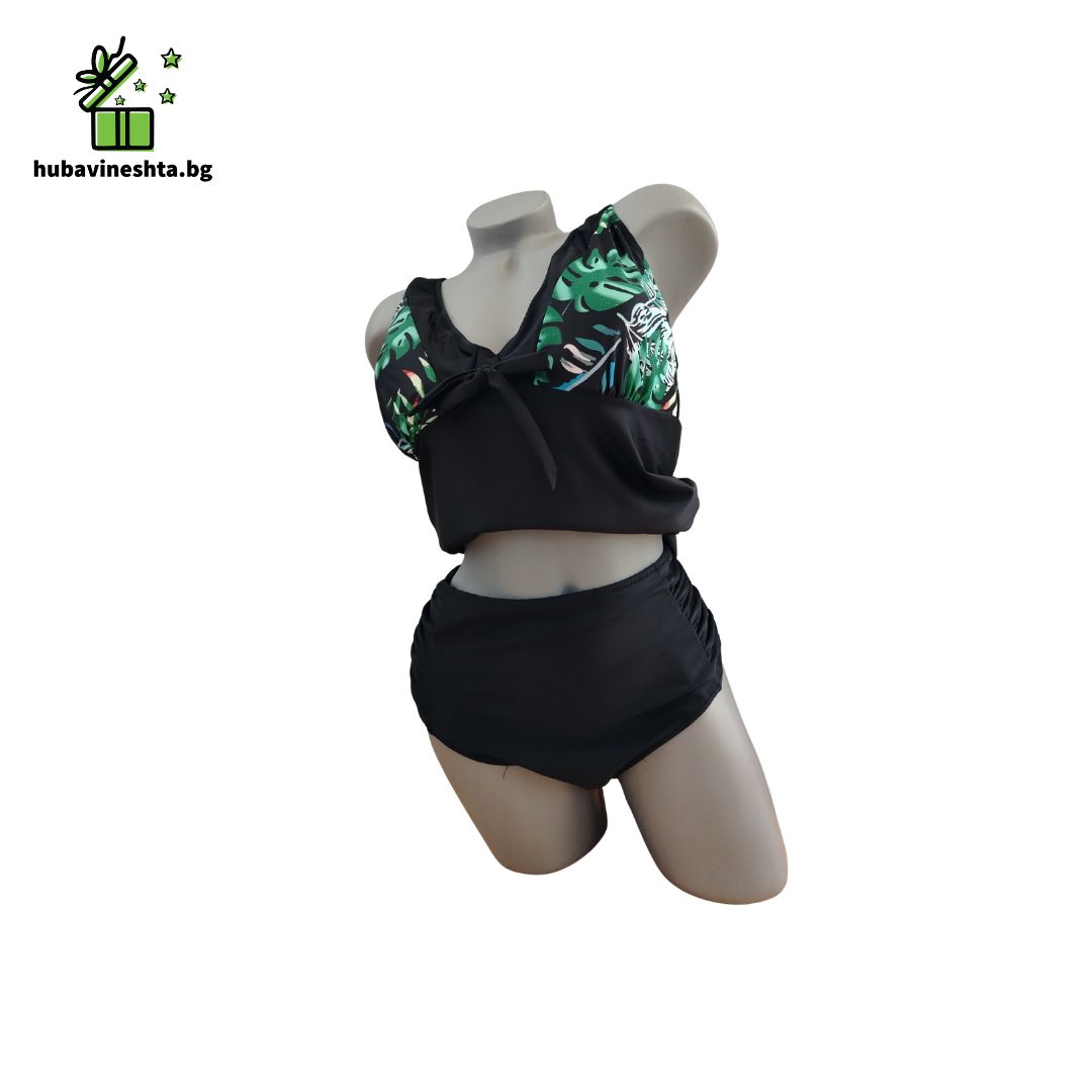 damski tankini maxi razmer cheren 1 ТАНКИНИ МАКСИ РАЗМЕР В ЧЕРНО С ТРОПИЧЕСКИ ЛИСТА Танкини макси размер черно-отпред-2