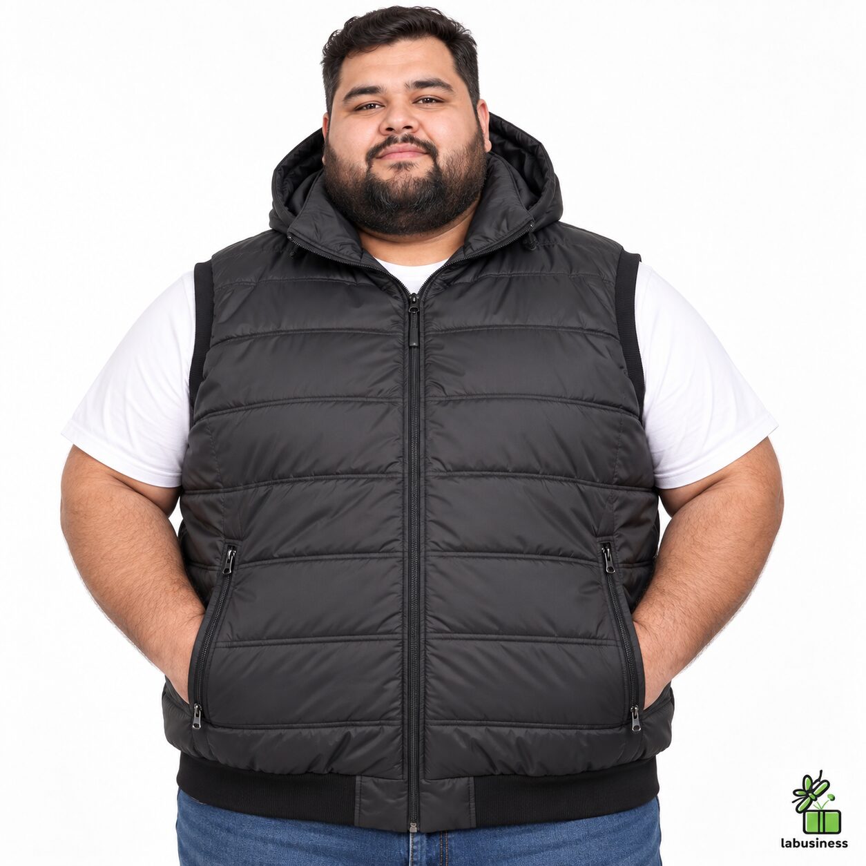Продуктова снимка на елек с качулка Мъжки елек голям размер 10XL–12XL в черно Мъжки елек голям размер с качулка