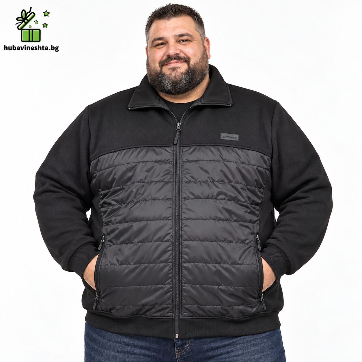 ПРОДУКТОВА СНИМКА на мъж суйчър Мъжки суитшърт големи размери 7XL–12XL – тип яке, черен Мъжки суитшърт големи размери